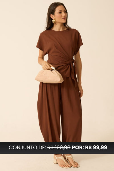 CONJUNTO CALÇA ALADIM + BLUSA AMARRAÇÃO LATERAL MARROM