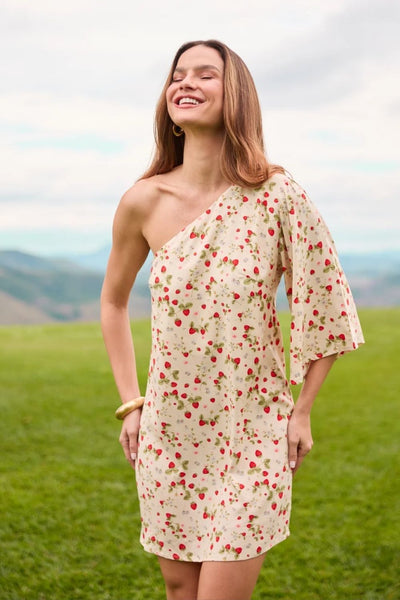 VESTIDO CURTO UM OMBRO SÓ MINI CAMPO DE MORANGOS ALGODÃO