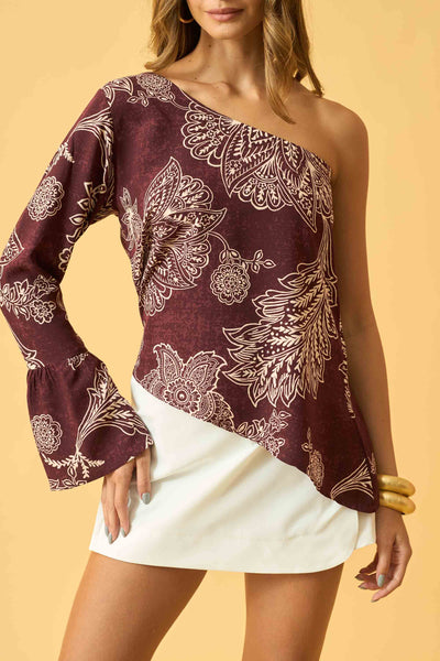 BLUSA ASSIMETRICA UM OMBRO SO FLOR DE RENDA VINHO