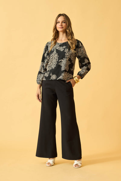 BLUSA MANGA LONGA FLOR DE RENDA PRETO