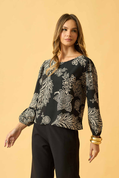 BLUSA MANGA LONGA FLOR DE RENDA PRETO
