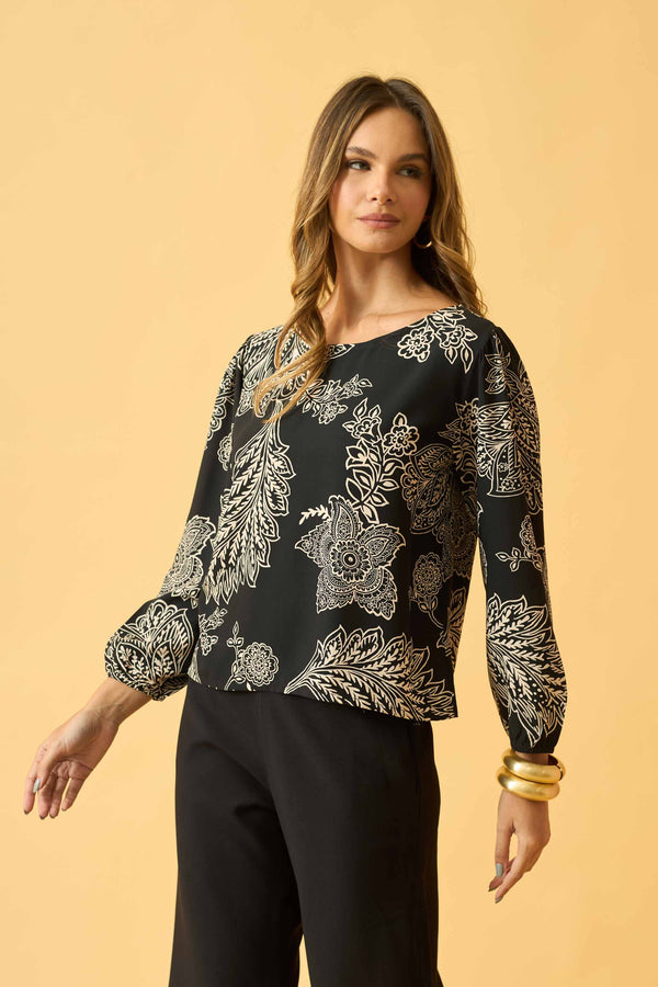 BLUSA MANGA LONGA FLOR DE RENDA PRETO