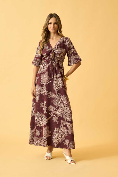 VESTIDO LONGO COM AMARRACAO FLOR DE RENDA VINHO