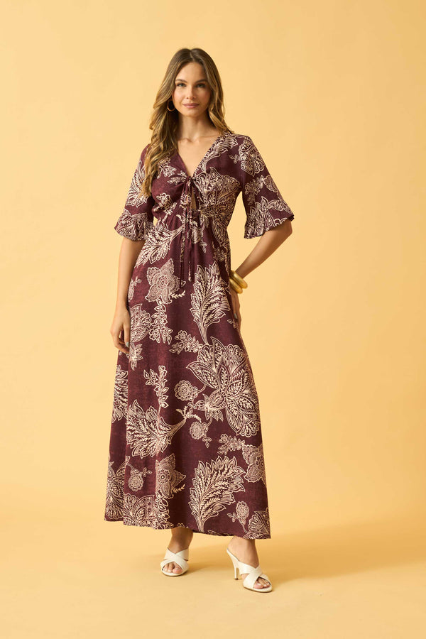 VESTIDO LONGO COM AMARRACAO FLOR DE RENDA VINHO