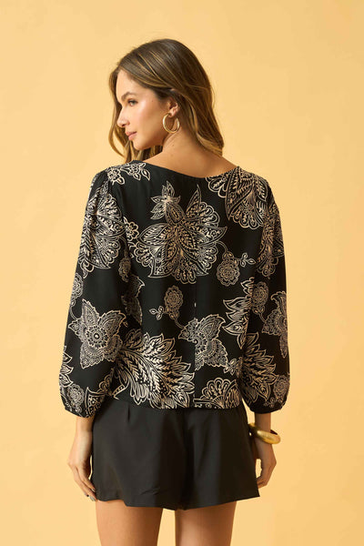 BLUSA MANGA LONGA FLOR DE RENDA PRETO