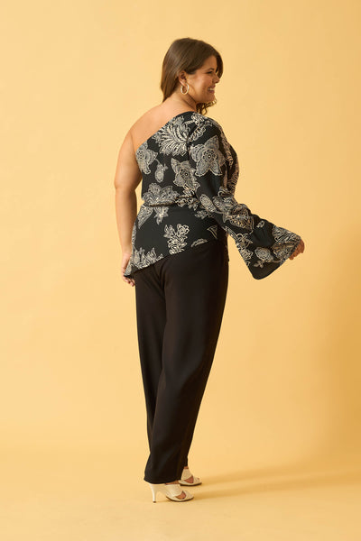BLUSA ASSIMETRICA UM OMBRO SO FLOR DE RENDA PRETO