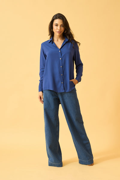 BLUSA SOCIAL COM BOTOES EM VISCOLINHO AZUL CREPUSCULO