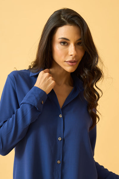 BLUSA SOCIAL COM BOTOES EM VISCOLINHO AZUL CREPUSCULO