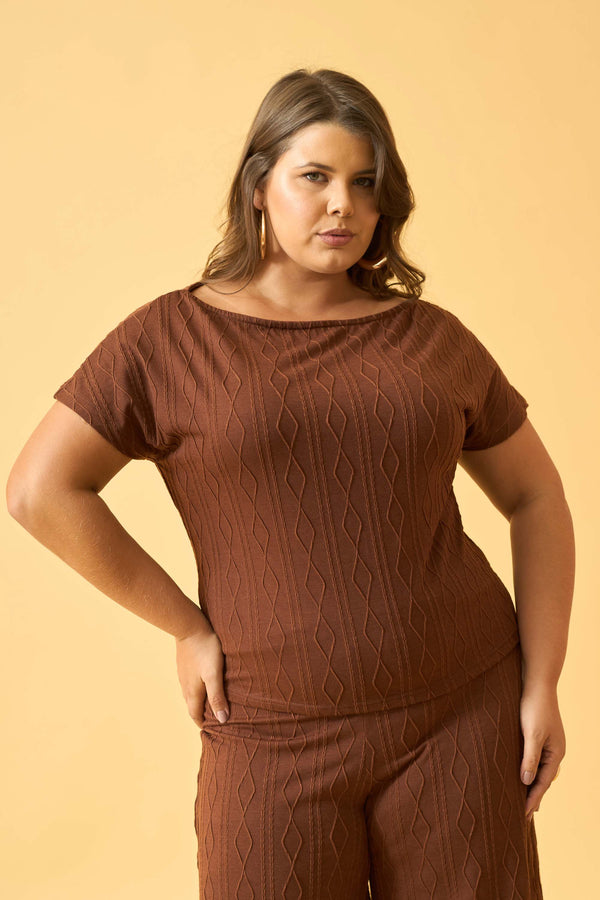 BLUSA COM DECOTE REDONDO JACQUARD TRANÇADO CAPPUCCINO