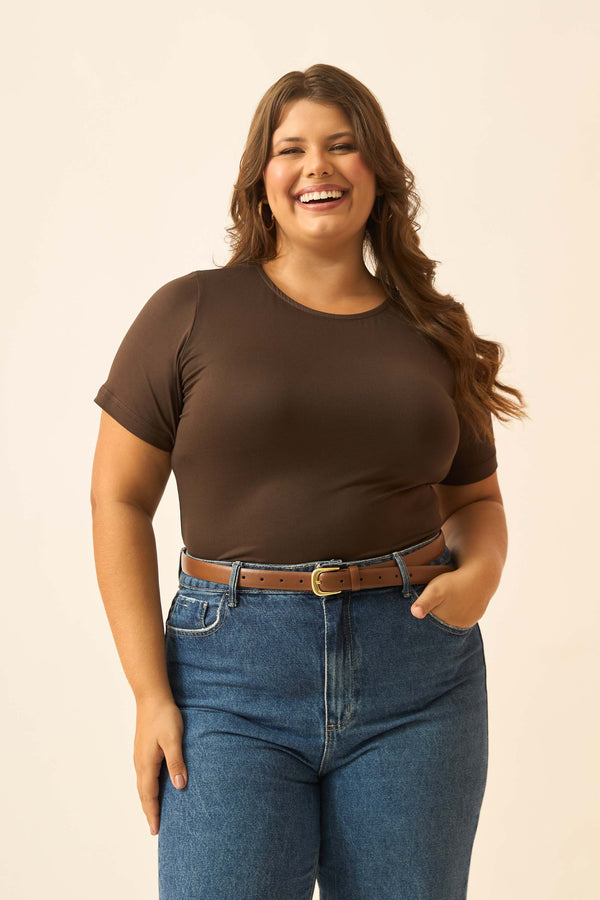 BLUSA COM MANGA CURTA CAFE