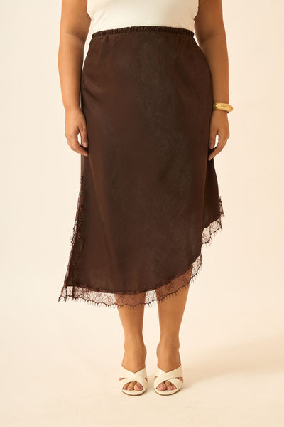 SAIA MIDI COM FENDA E RENDA CRINCLE LISO MARROM ESCURO