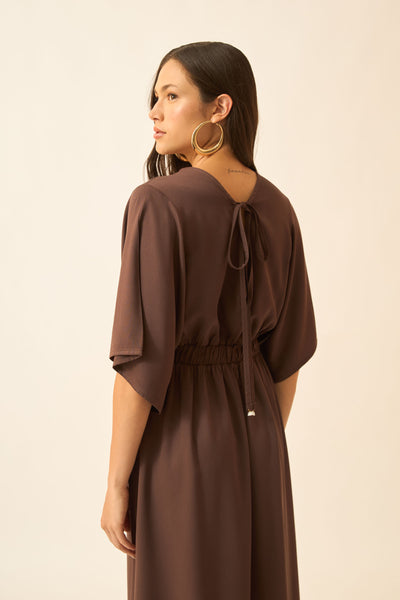 VESTIDO LONGO DECOTE V MARROM ESCURO