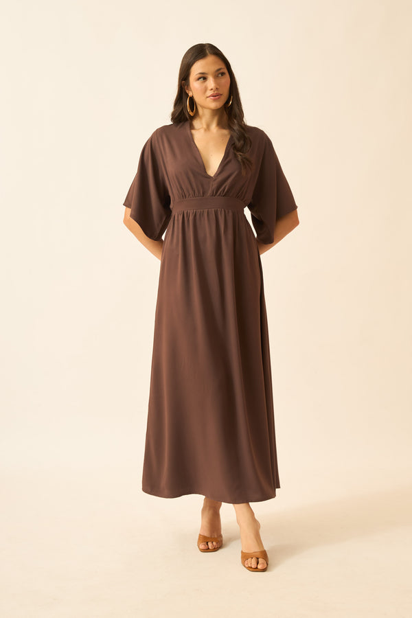 VESTIDO LONGO DECOTE V MARROM ESCURO