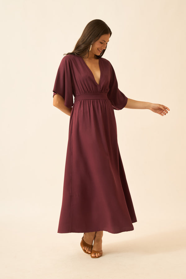 VESTIDO LONGO DECOTE V ROXO FRUTADO