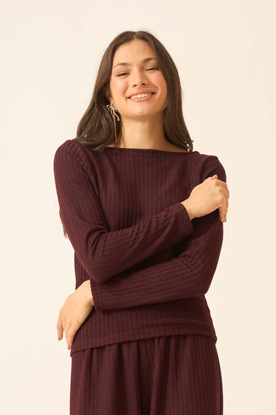 BLUSA DECOTE CANOA CANELADO AREIA GROSSO VINHO TINTO