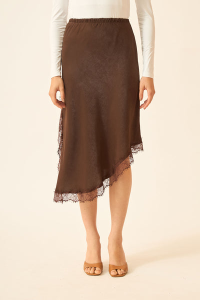 SAIA MIDI COM FENDA E RENDA CRINCLE LISO MARROM ESCURO