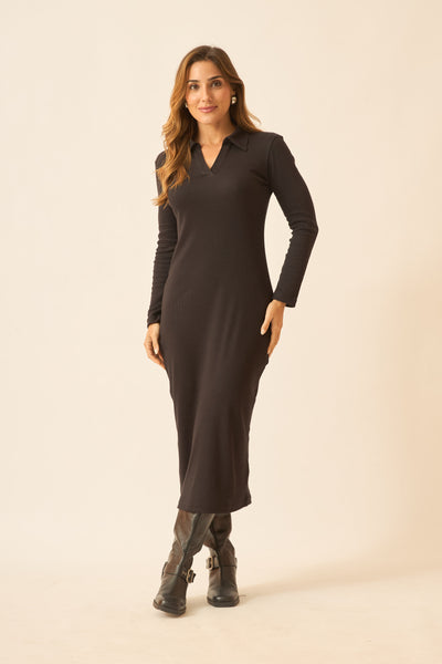 VESTIDO POLO MIDI RIBANA CANELADA PRETO