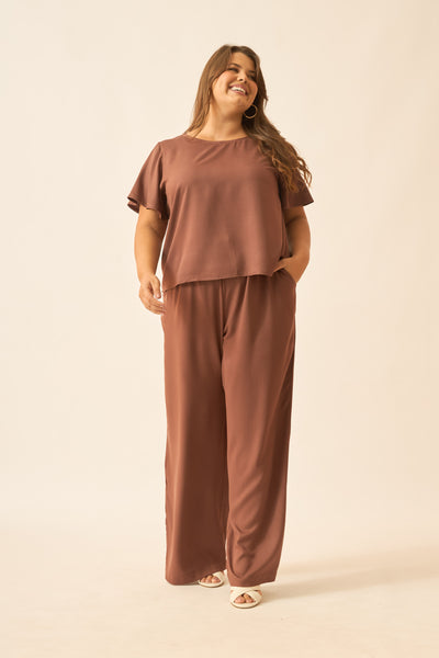 BLUSA COM MANGA GODE MARROM TRUFA