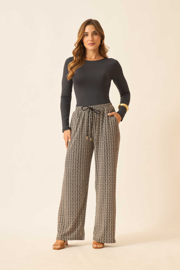CALÇA RETA COM BOLSO MALHA CANELADA VALENÇA PRETA