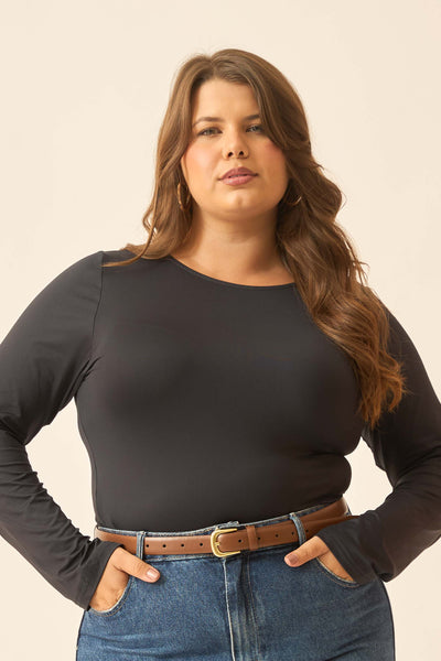 BLUSA COM MANGA LONGA E DECOTE REDONDO PRETO