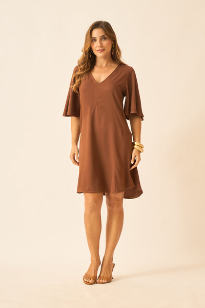VESTIDO CURTO COM DECOTE V MARROM TRUFA