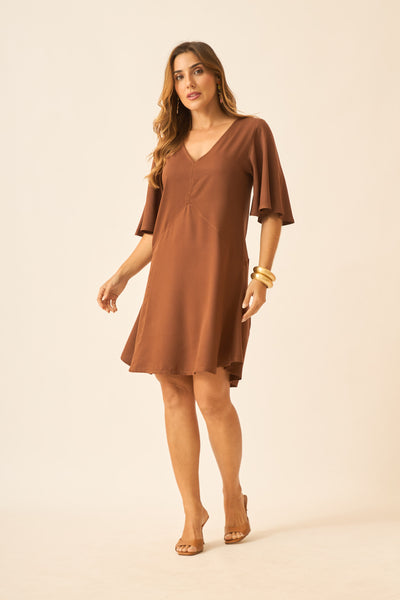 VESTIDO CURTO COM DECOTE V MARROM TRUFA