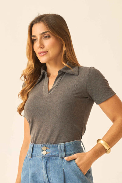BLUSA POLO CANELADO TURCO GRAFITE