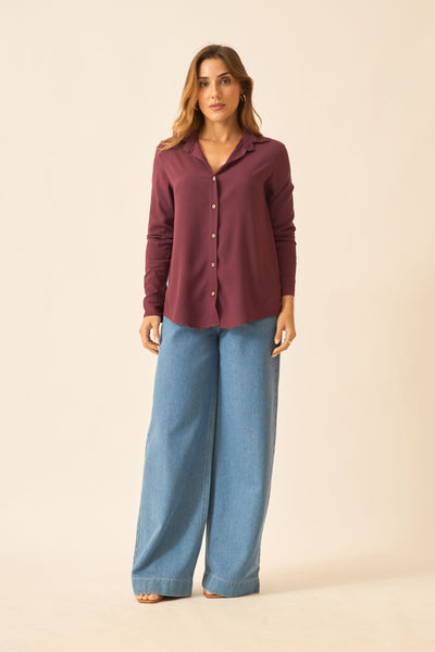 BLUSA SOCIAL COM BOTÕES EM VISCOLINHO ROXO FRUTADO