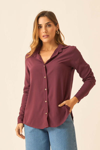 BLUSA SOCIAL COM BOTÕES EM VISCOLINHO ROXO FRUTADO