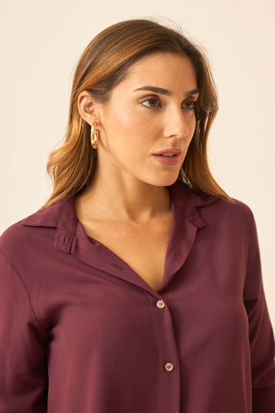 BLUSA SOCIAL COM BOTÕES EM VISCOLINHO ROXO FRUTADO
