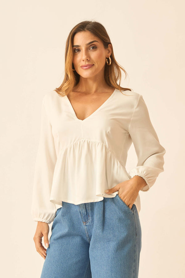 BLUSA COM BABADO CINZA ALGODAO