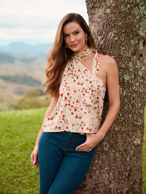 BLUSA UM OMBRO SO COM LENCO MINI CAMPO DE MORANGOS ALGODAO