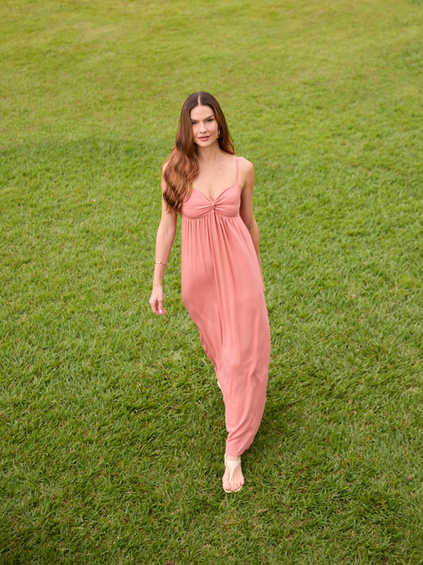 VESTIDO LONGO RETORCIDO NO BUSTO TWILL ROSA CHA