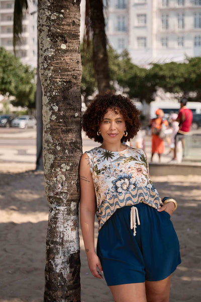 SHORT COM CADARÇO RAYON SLUB MARINHO