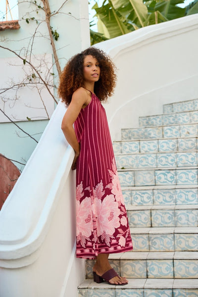 VESTIDO MIDI UM OMBRO SÓ LISTRADO PEÔNIAS
