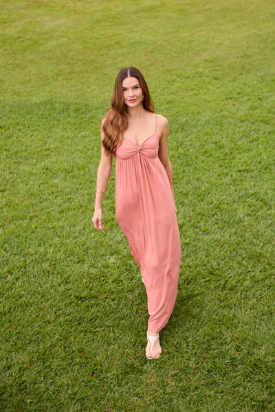 VESTIDO LONGO RETORCIDO NO BUSTO TWILL ROSA CHÁ