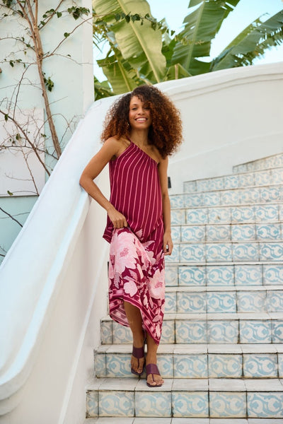 VESTIDO MIDI UM OMBRO SÓ LISTRADO PEÔNIAS