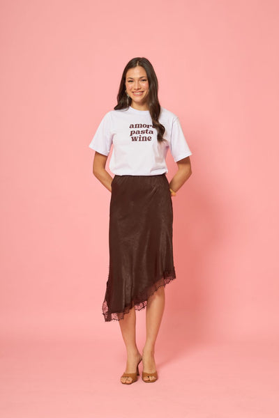 SAIA MIDI COM FENDA E RENDA CRINCLE LISO MARROM ESCURO