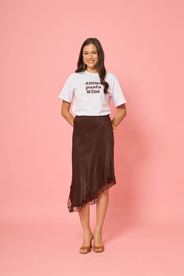 SAIA MIDI COM FENDA E RENDA CRINCLE LISO MARROM ESCURO