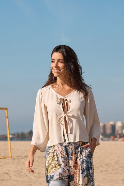 BLUSA COM AMARRAÇÃO FRONTAL RAYON SLUB ALGODÃO
