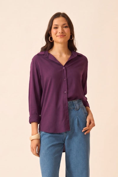 BLUSA SOCIAL COM BOTÕES EM VISCOLINHO ROXO FRUTADO