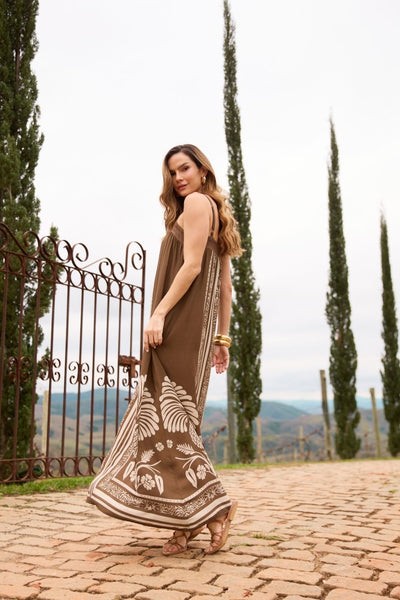 VESTIDO LONGO COM RECORTE VISCOLINHO LENÇO BOTÂNICO