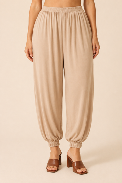 CONJUNTO CALÇA ALADIM + BLUSA AMARRAÇÃO LATERAL AMÊNDOA