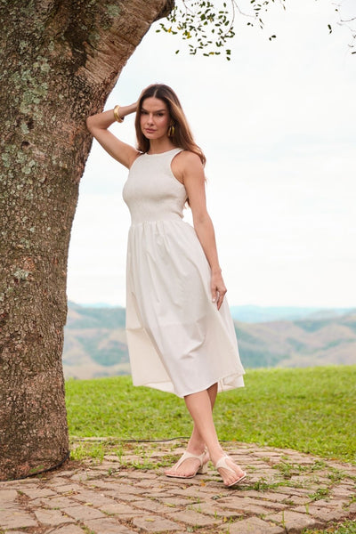 VESTIDO MIDI COM FORRO POPELINE OFF-WHITE