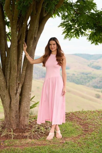 VESTIDO LONGO ASSIMÉTRICO POLIAMIDA ROSA QUARTZ