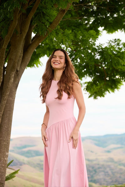 VESTIDO LONGO ASSIMÉTRICO POLIAMIDA ROSA QUARTZ