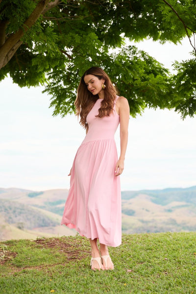 VESTIDO LONGO ASSIMÉTRICO POLIAMIDA ROSA QUARTZ
