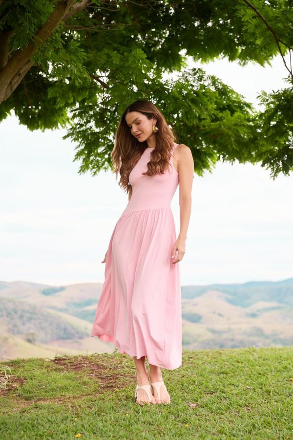 VESTIDO LONGO ASSIMÉTRICO POLIAMIDA ROSA QUARTZ