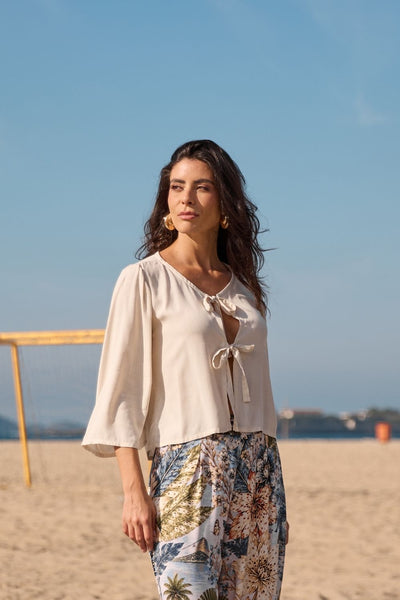BLUSA COM AMARRAÇÃO FRONTAL RAYON SLUB ALGODÃO