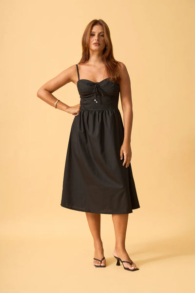 VESTIDO MIDI COM AMARRACAO POPELINE PRETO